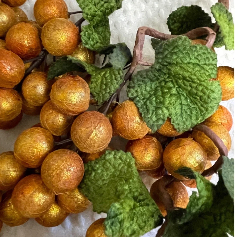 Decorative Artificial Grape Clusters Set of 12 Gold Orange Hard Plastic Textured
